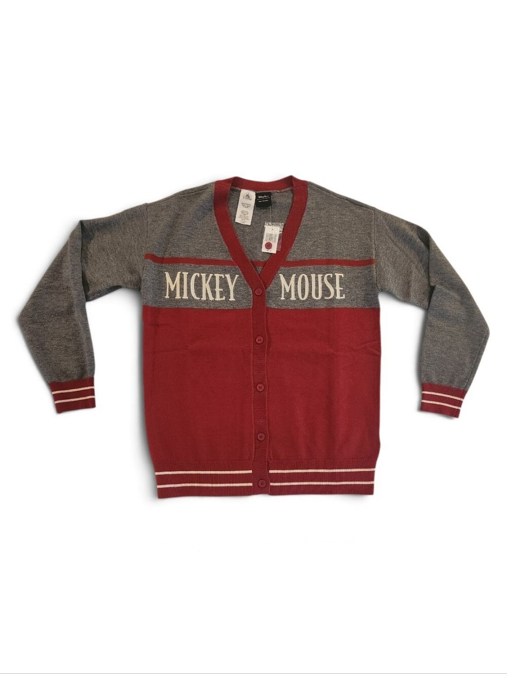 Disney Parks Mickey Mouse Maroon & Gray V-Neck Button Cardigan Women's Small